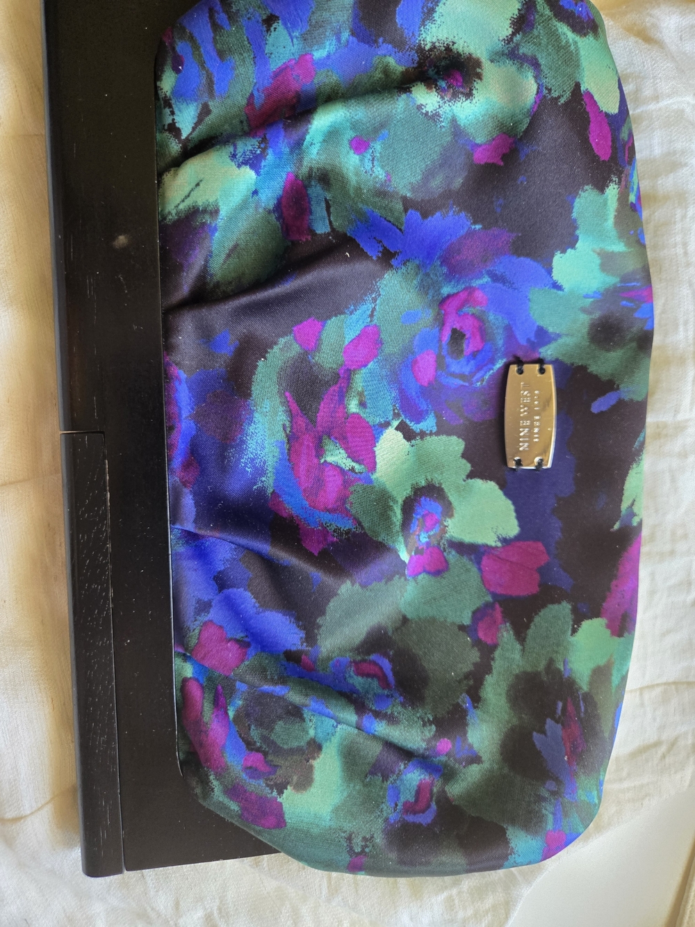 Nine West Satin Floral Clutch in Black, Green & Purple - Picture 2 of 7
